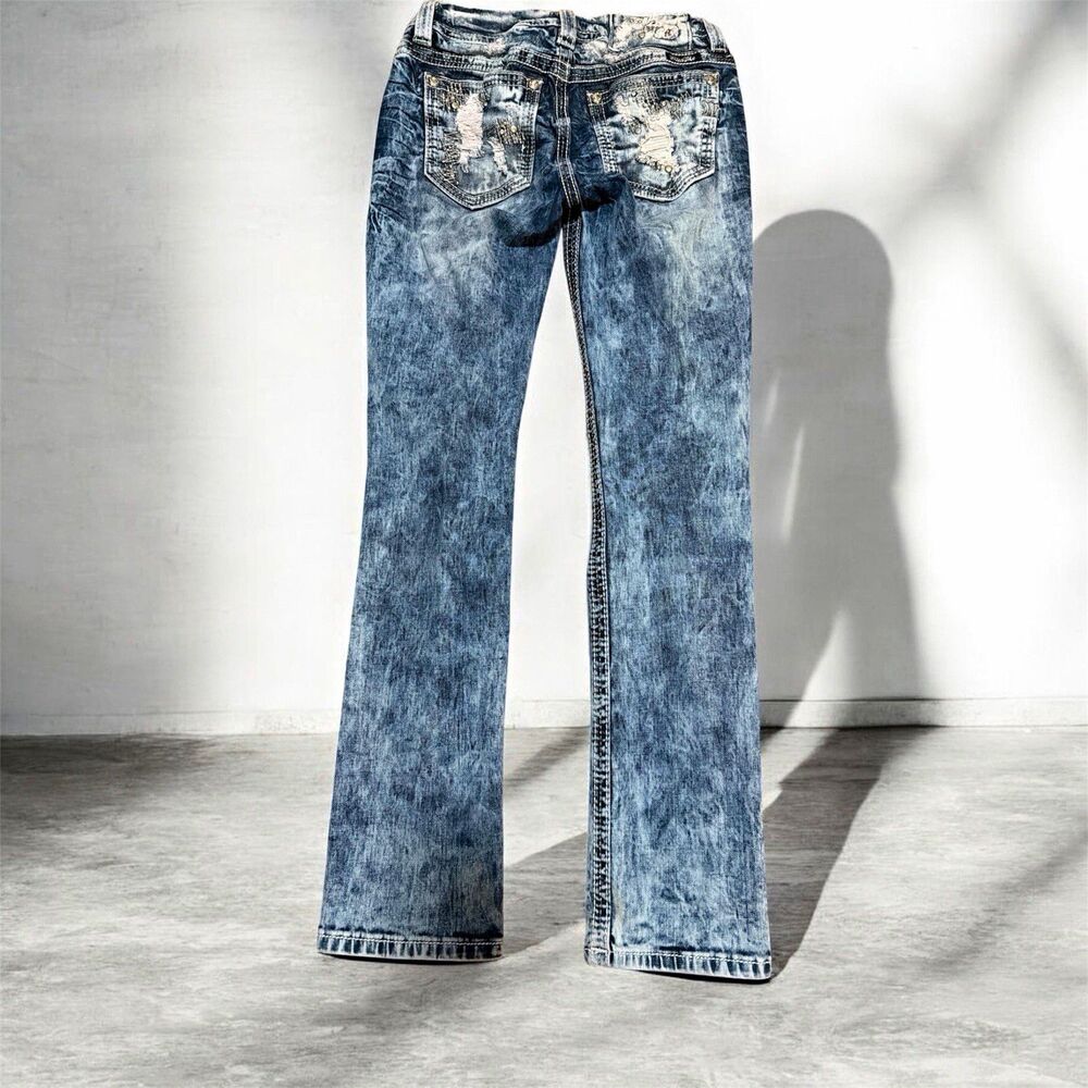 Miss Me Women's Blue Acid Wash Straight-Leg Denim Jeans 5-Pocket Embellished
